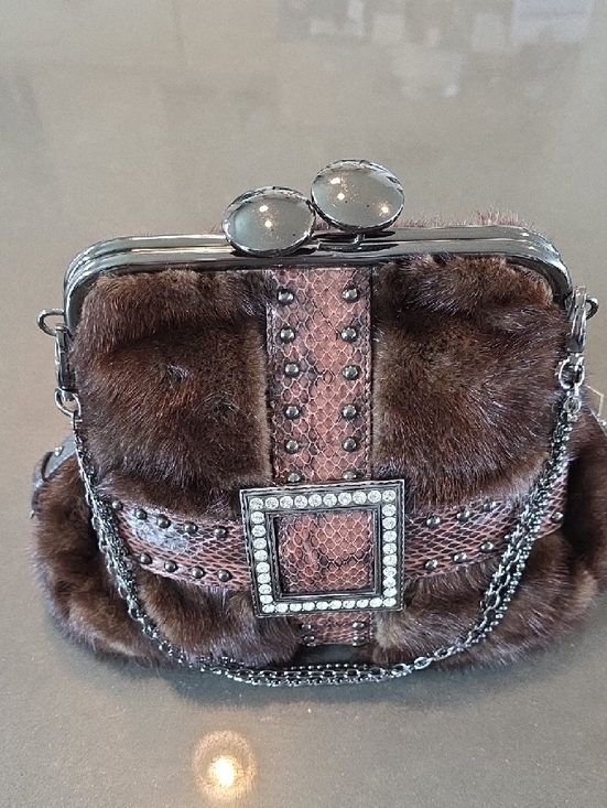 Brown Mink and Snake-Texture Evening Bag with Rhinestone Buckle & Kiss Closure - Picture 7 of 16